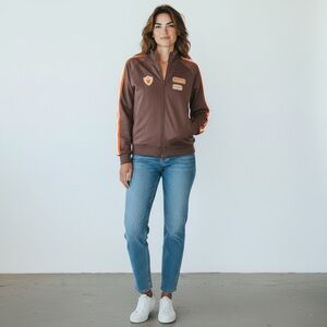 Vintage Fossil Brown Bomber Jacket with Orange Stripes and Patches